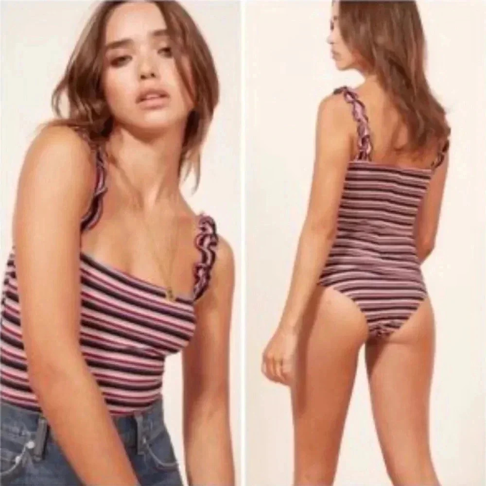 Reformation stripped bodysuits with ruffles strap